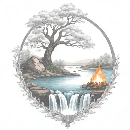 A River With A campfire and a rowan tree on either side of It Waterfalls Down The Front tattoo design idea