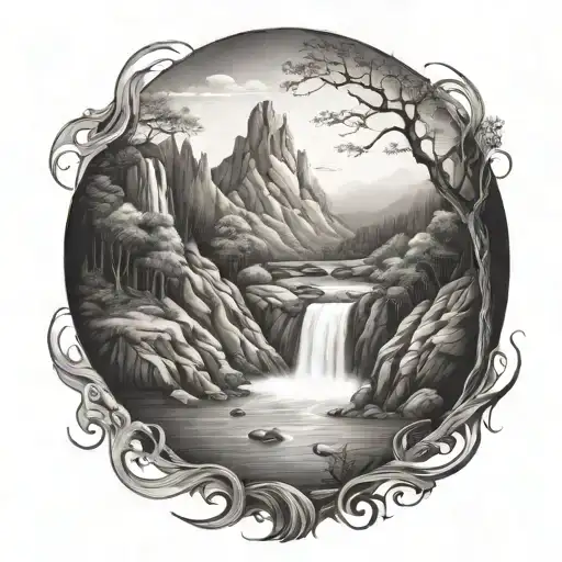 a river winds through low hills and culminates in a waterfall flowing out the bottom tattoo design idea
