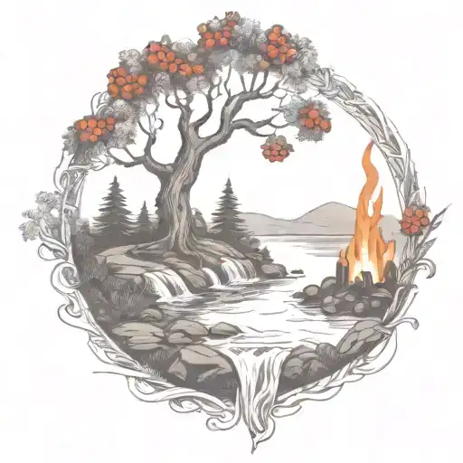a rowan berry tree and a campfire beside a river waterfalling down the front tattoo design idea
