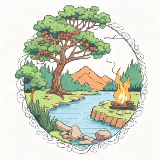 a rowan berry tree and a campfire beside a river waterfalling down the front tattoo design idea