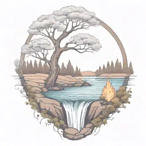 A River With A campfire and a rowan tree on either side of It Waterfalls Down The Front tattoo design idea