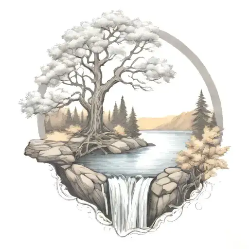 A River With A campfire and a rowan tree on either side of It Waterfalls Down The Front tattoo design idea
