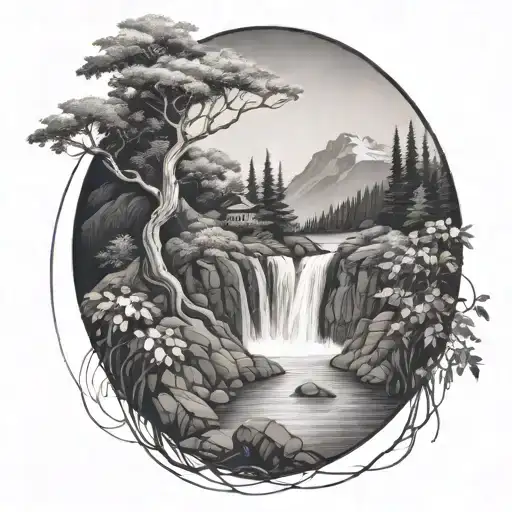 a river winds through small hills, past a berry bush and ends in a waterfall, flowing out through the front tattoo design idea