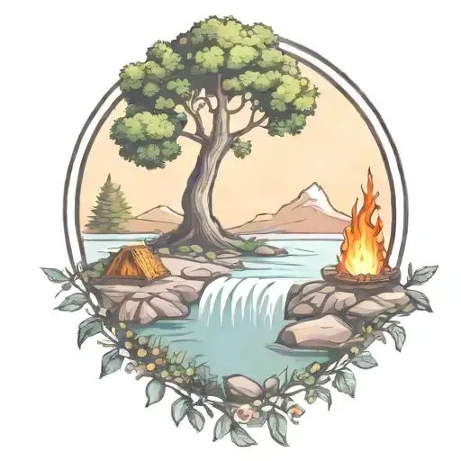 a rowan berry tree and a campfire beside a river waterfalling down the front tattoo design idea