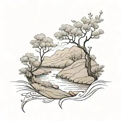 a river winding through a small valley, past a rowan tree and flowing down through the middle tattoo design idea