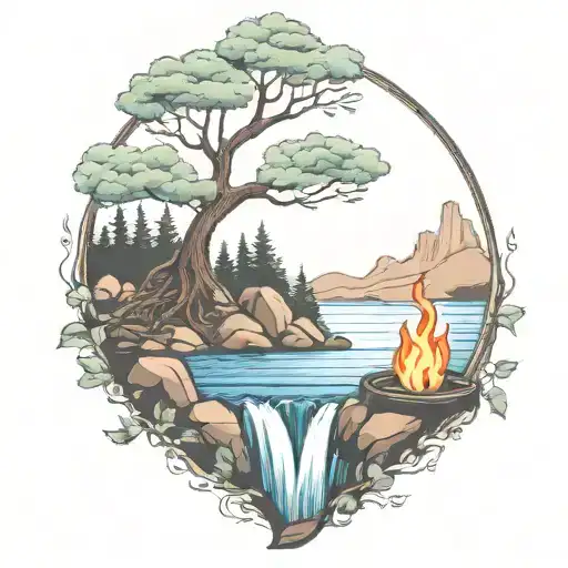 A River With A campfire and rowan tree on either side of It Waterfalls Down The Front tattoo design idea