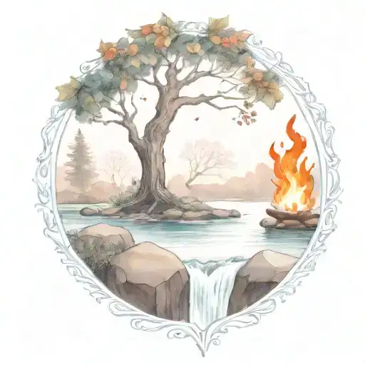 a rowan berry tree and a campfire beside a river waterfalling down the front tattoo design idea