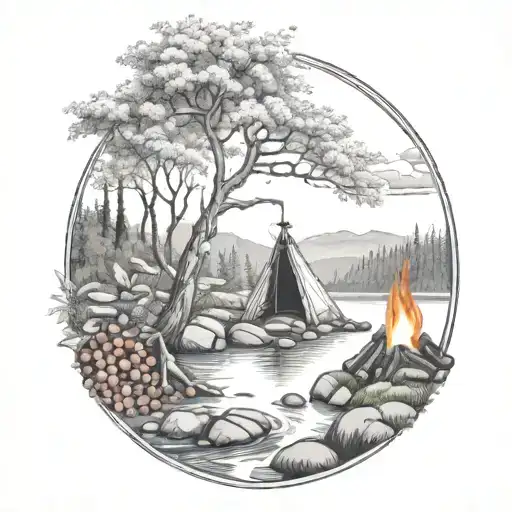 a rowan berry tree and a campfire beside a river waterfalling down the front tattoo design idea