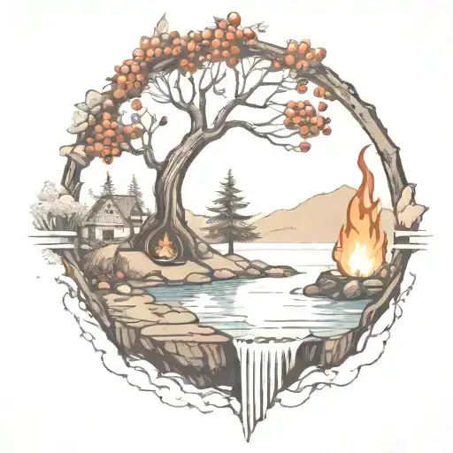 a rowan berry tree and a campfire beside a river waterfalling down the front tattoo design idea