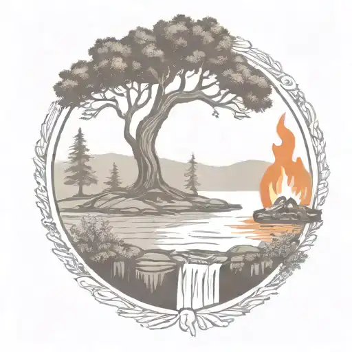 a rowan berry tree and a campfire beside a river waterfalling down the front tattoo design idea