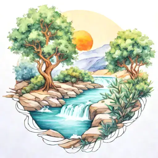 A river with a campfire on one side and an olive tree on the other side waterfalls down the front tattoo design idea