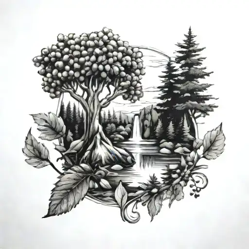 a rowan berry tree and a campfire by a river waterfall tattoo design idea