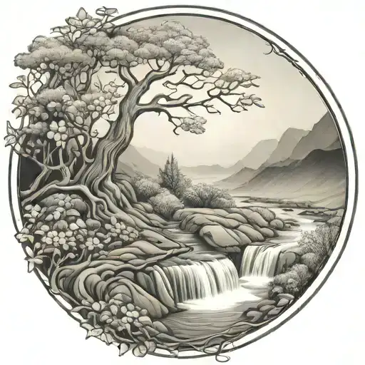 a winding river flows through low hills, past a berry bush and ends in a waterfall flowing through the bottom tattoo design idea