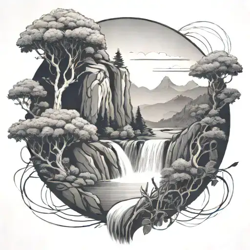 a river winds through rounded mountain knobs, past a berry bush and ends in a waterfall, flowing through the bottom tattoo design idea