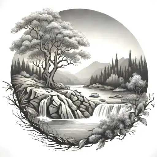 a river winds through small hills and flows past a rowan tree and then waterfalls out through the bottom tattoo design idea