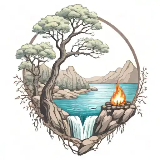 A River With A campfire and a rowan tree on either side of It Waterfalls Down The Front tattoo design idea