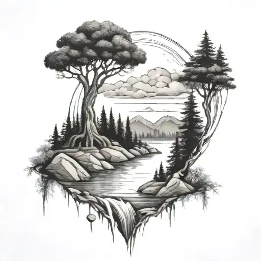 A river with a tree on one side and a fire on the other waterfalls down the front tattoo design idea