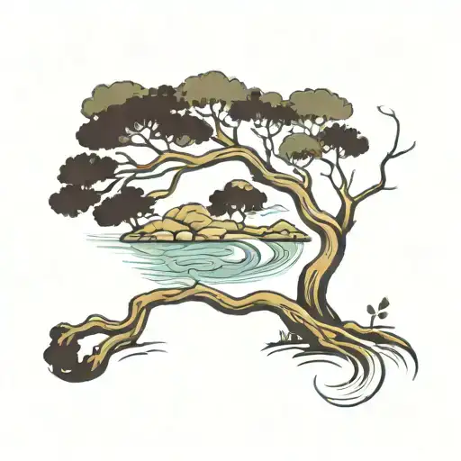a winding river with a rowan tree beside it tattoo design idea