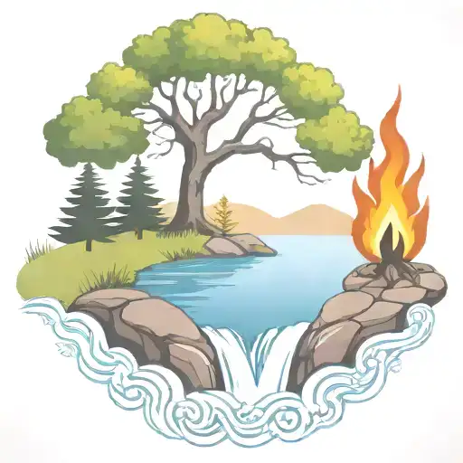 a rowan berry tree and a campfire beside a river waterfalling down the front tattoo design idea