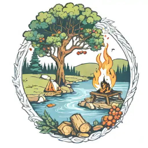 a rowan berry tree and a campfire beside a river waterfalling down the front tattoo design idea
