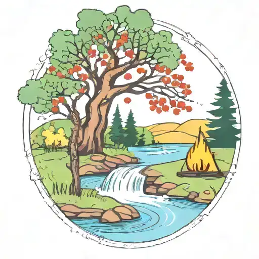 a rowan berry tree and a campfire beside a river waterfalling down the front tattoo design idea
