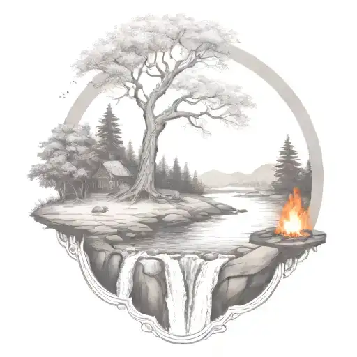 A River With A campfire and a rowan tree on either side of It Waterfalls Down The Front tattoo design idea
