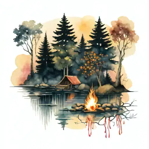 a rowan berry tree and a campfire beside a river waterfalling down the front tattoo design idea