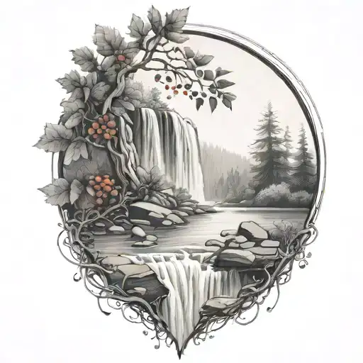 A river with a rowan berry bush beside it waterfalls down the front tattoo design idea