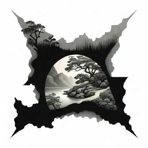 a river winds through small hills, past a bush and then flows down through the middle of the tattoo tattoo design idea