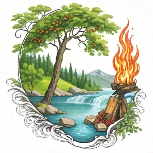 a rowan berry tree and a campfire beside a river waterfalling down the front tattoo design idea