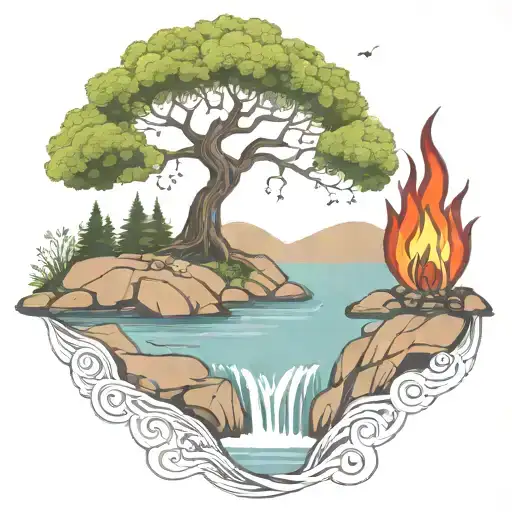 a rowan berry tree and a campfire beside a river waterfalling down the front tattoo design idea