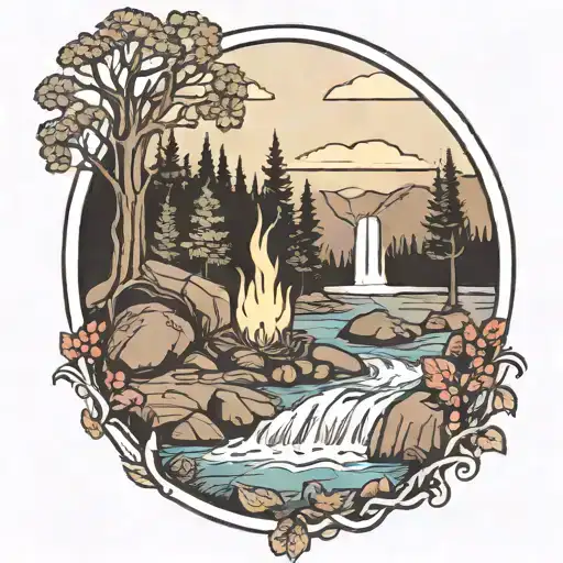 A River With A campfire and a berry bush Beside It Waterfalls Down The Front tattoo design idea