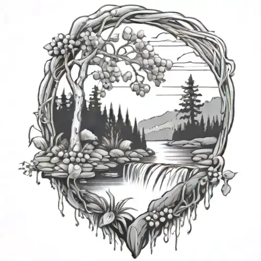 A river with a small berry bush on one side and a campfire on the other side waterfalls down the front tattoo design idea