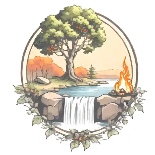 a rowan berry tree and a campfire beside a river waterfalling down the front tattoo design idea