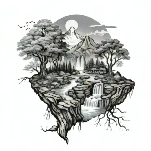 a river winding through the middle of a vallety, past a tree & campfire on the riverbank and ending in a waterfall tattoo design idea