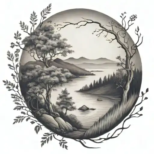 a river winds through small hills and flows past a rowan tree and out through the bottom tattoo design idea