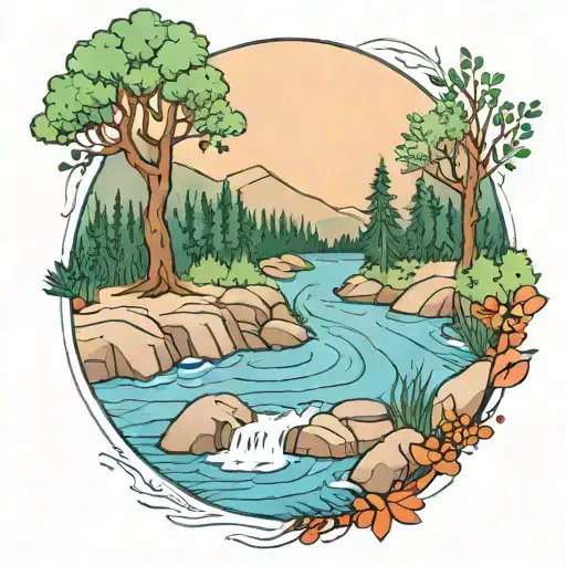 A river with a campfire on one side and an rowan berry tree on the other side waterfalls down the front tattoo design idea
