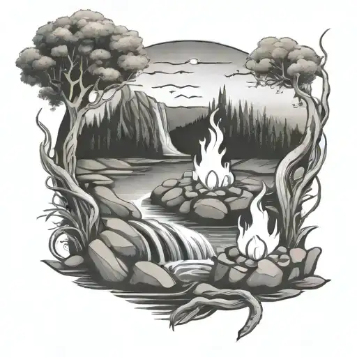 campfire on a riverbank where the river flows in front and waterfalls at the front bottom. tattoo design idea