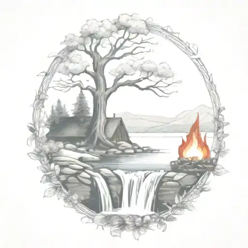 a rowan berry tree and a campfire beside a river waterfalling down the front tattoo design idea