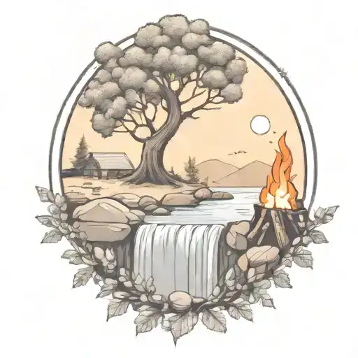 a rowan berry tree and a campfire beside a river waterfalling down the front tattoo design idea