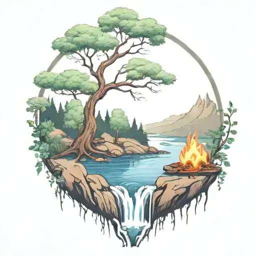 A River With A campfire and a rowan tree on either side of It Waterfalls Down The Front tattoo design idea