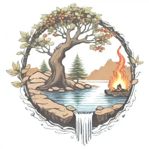 a rowan berry tree and a campfire beside a river waterfalling down the front tattoo design idea