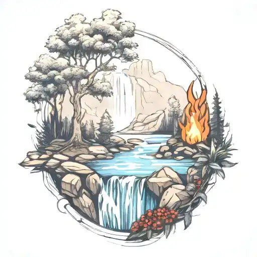 A River With A campfire and a berry bush Beside It Waterfalls Down The Front tattoo design idea