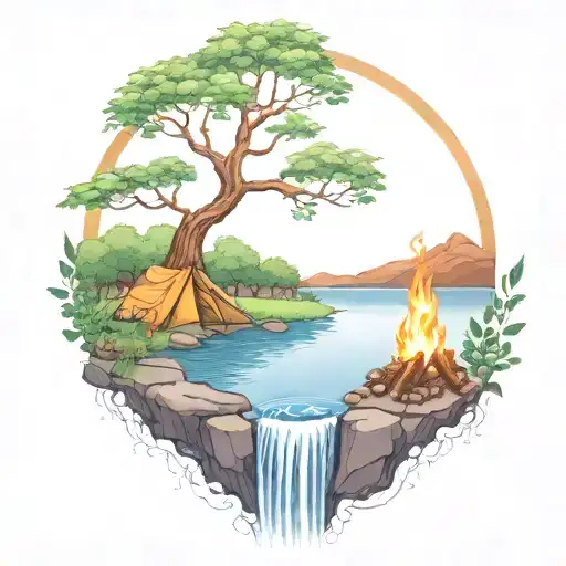 a rowan berry tree and a campfire beside a river waterfalling down the front tattoo design idea