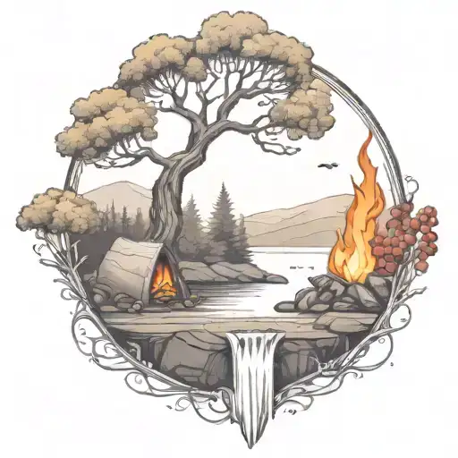a rowan berry tree and a campfire beside a river waterfalling down the front tattoo design idea