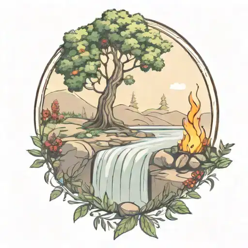 a rowan bush with berries and a campfire beside a river waterfalling down the front tattoo design idea