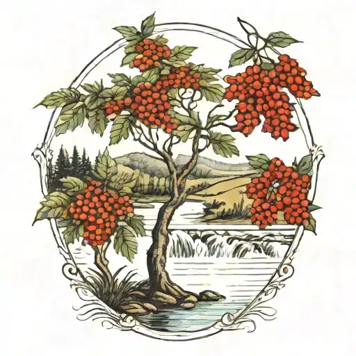 a rowan tree beside a river that waterfalls down the front tattoo design idea