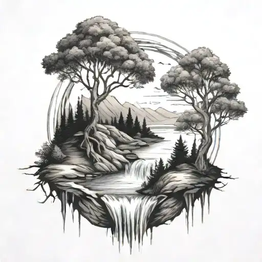 A river with a tree on one side and a fire on the other waterfalls down tattoo design idea
