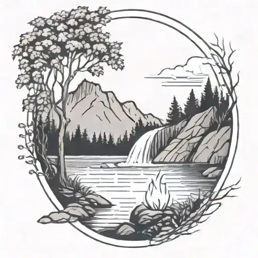 A River With A campfire and a berry bush Beside It Waterfalls Down The Front tattoo design idea