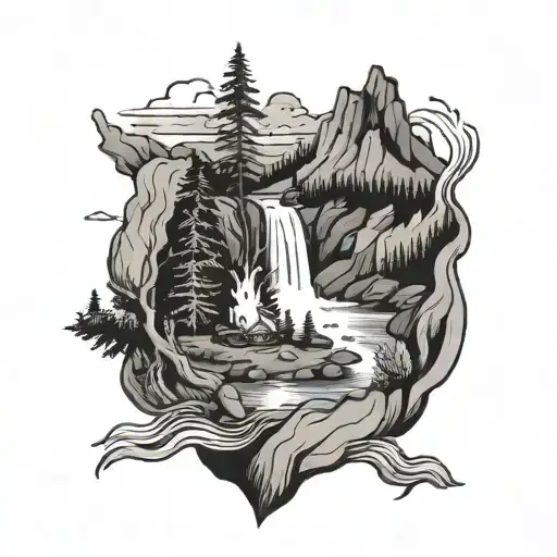 a river winding through appalachian mountains, past a campfire on the riverbank and ending in a waterfall tattoo design idea
